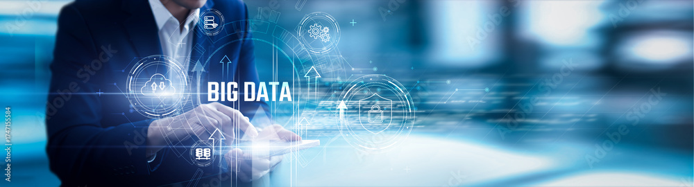 Naklejka premium Businessman using mobile smartphone and big data platforms analyzing data data lakes, real-time analytics, predictive insights, machine learning models, structured storage, digital ecosystems.