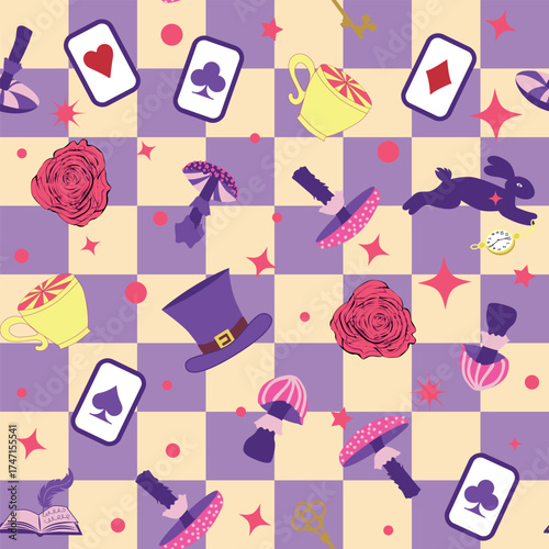 Wonderland pattern elements roses, rabbit, Cheshire cat, flamingo cards hat cup and mushrooms and clock