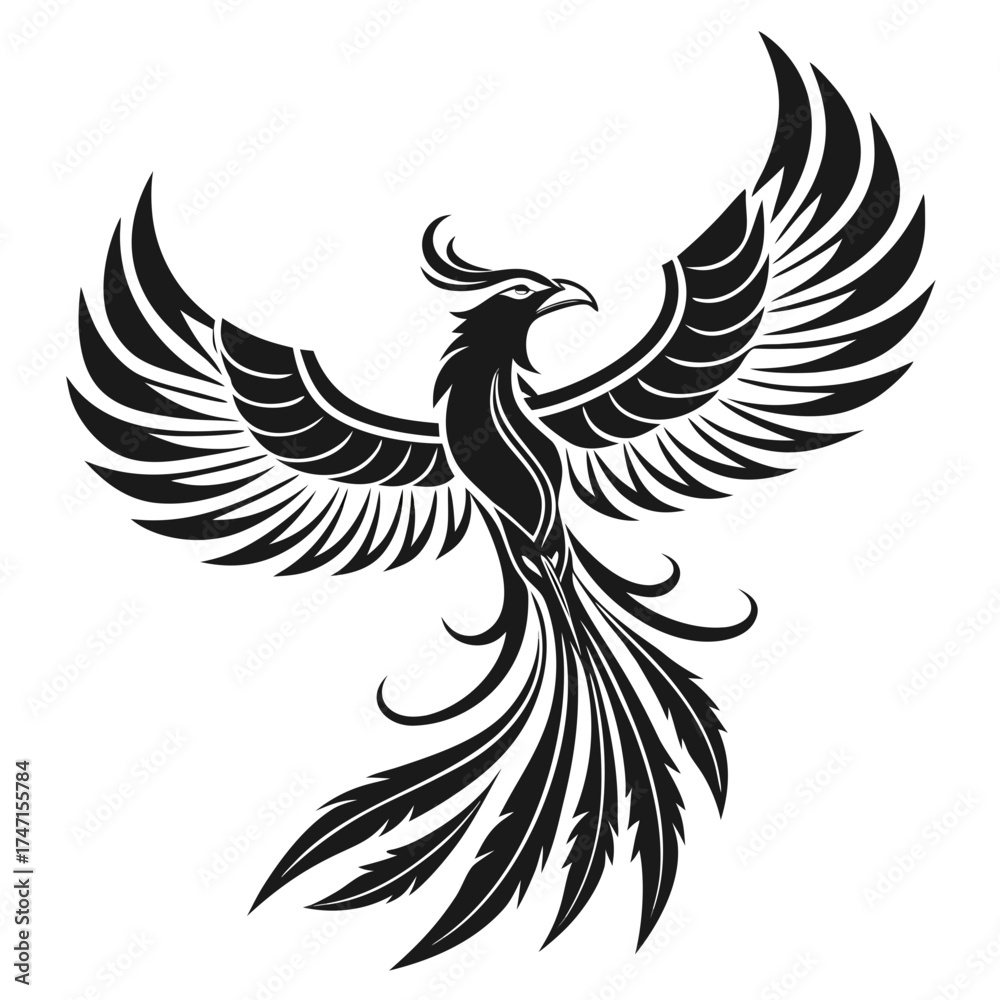 Obraz premium Black phoenix bird with spread wings white graphic