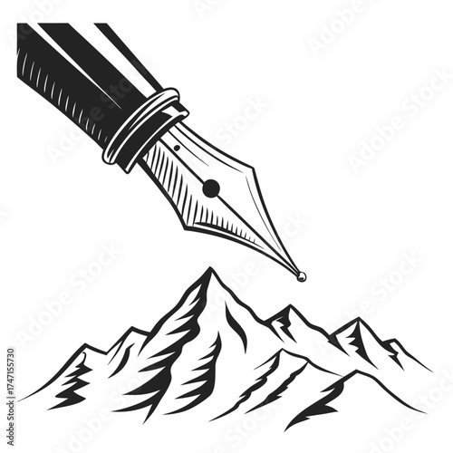 Tableau sur toile Black pen nib drawing mountain silhouette writing