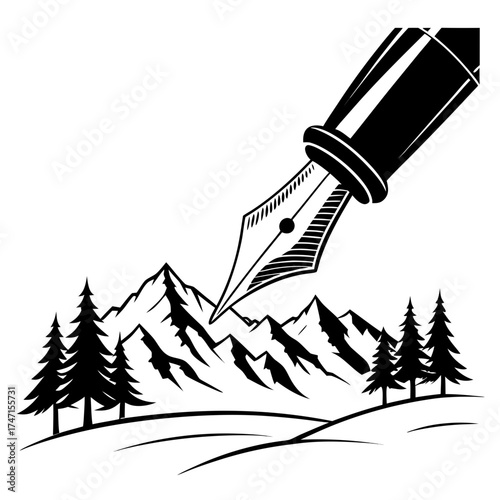 Black pen nib drawing mountain landscape with trees