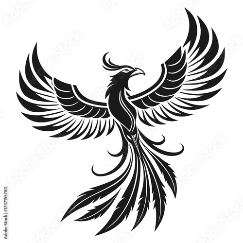 Black phoenix bird with spread wings white graphic