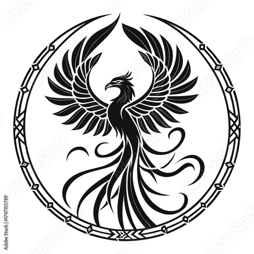 Black phoenix with spread wings in decorative circle