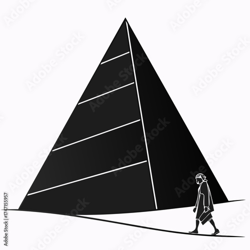 Black pyramid with person walking on tightrope white