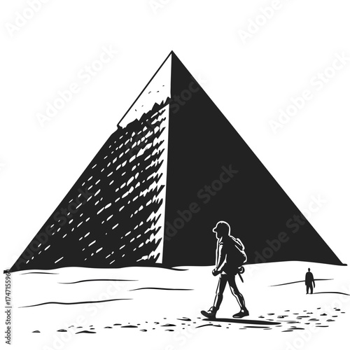 Black pyramid silhouette with hiker and distant figure