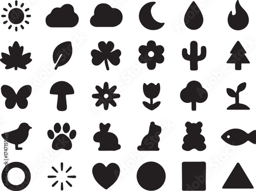 Collection of simple black silhouette icons representing nature weather and common objects on a white background