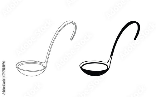 Two ladles one outline one silhouette isolated on white background
