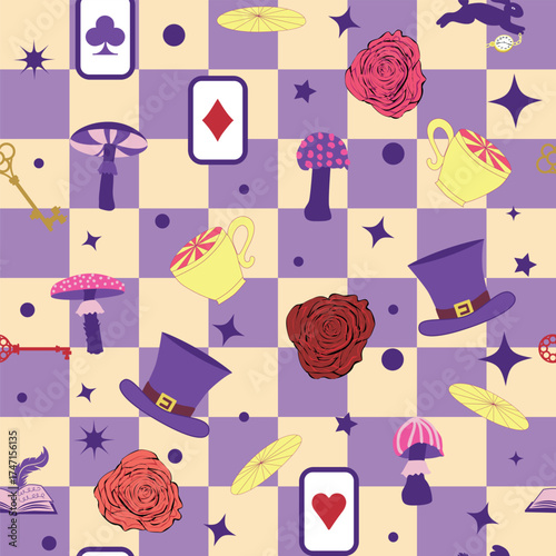 Wonderland pattern elements roses, rabbit, Cheshire cat, flamingo cards hat cup and mushrooms and clock