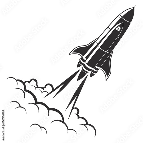 Black rocket launching upward with smoke trails space 2