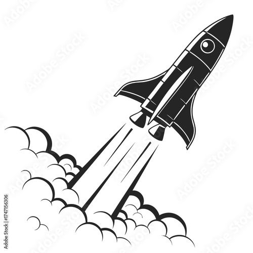 Black rocket launching upward with smoke trails space 3