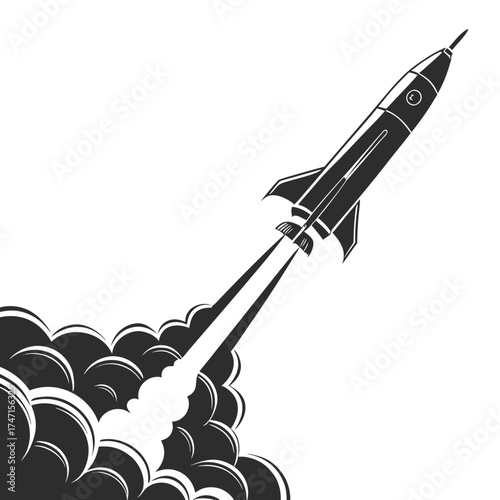 Black rocket launching upward with smoke trails space