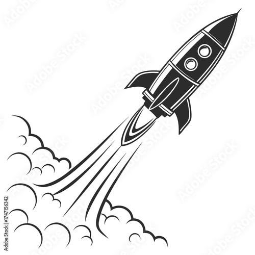 Black rocket launching upward with smoke trails spaceship