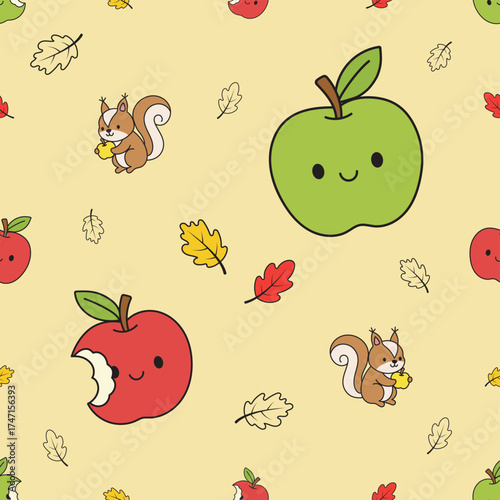 Seamless pattern of apples and squirrels in autumn.
