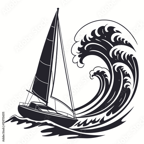 Black sailboat sailing on a stylized wave vector
