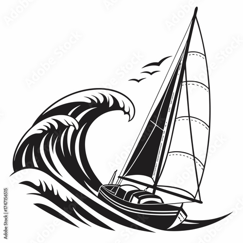 Black sailboat on wave silhouette with birds ocean