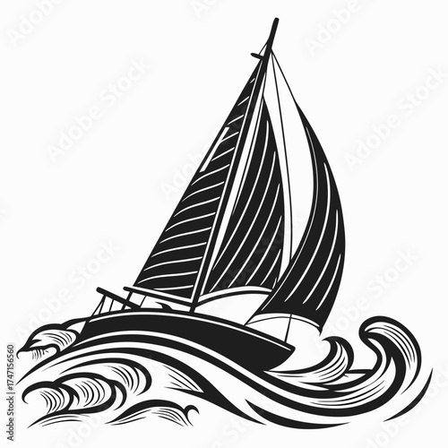 Black sailboat with striped sails on stylized waves