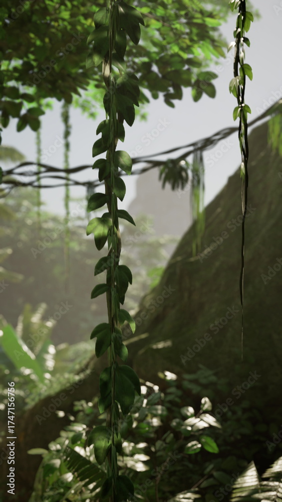 Fototapeta premium A green plant hangs gracefully from the side of a tree in a lush forest setting.