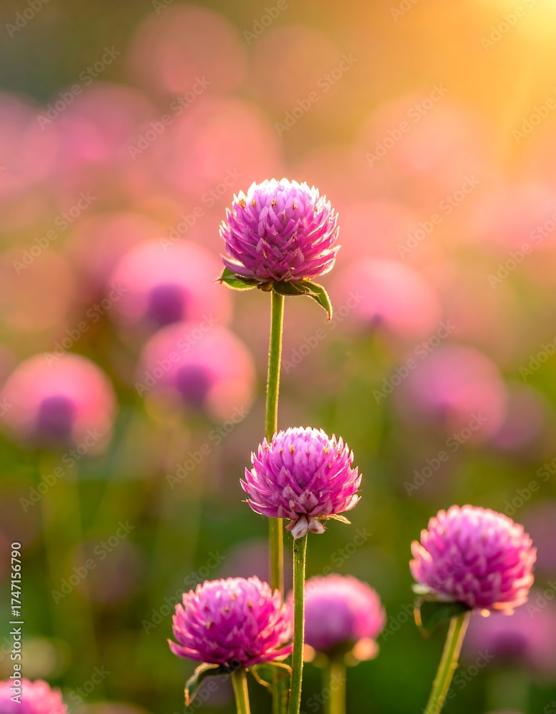Obraz premium Pink globe flowers in golden sunlight