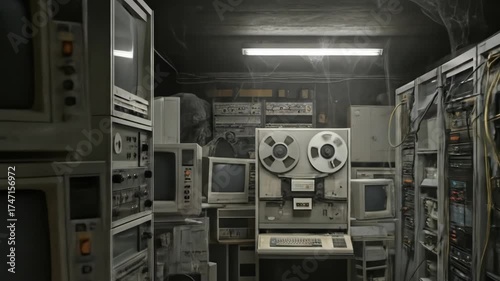 Old computers and servers in a dusty, neglected room, dim lighting