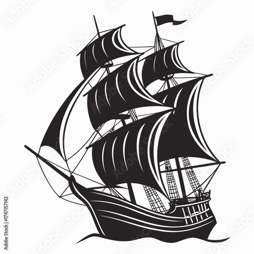 Black silhouette of a sailing ship on white background 2