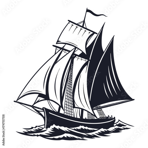 Black silhouette of a sailing ship on white background