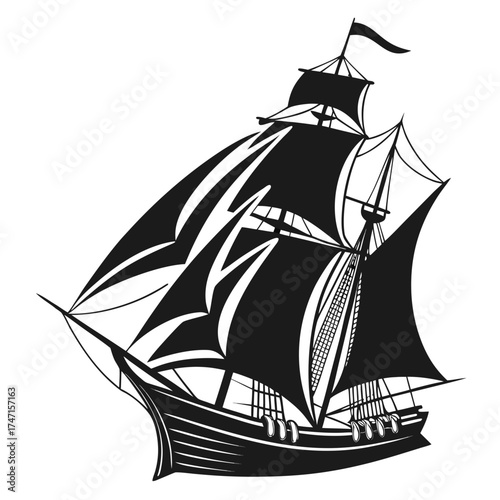 Black silhouette of a sailing ship with full sails