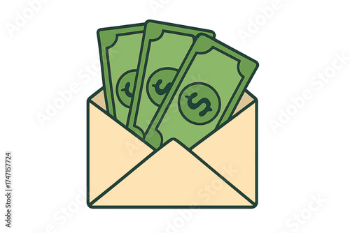 Envelope with money vector icon. Open envelope with dollars. Cash payment concept. Financial gift, salary, wage or bonus. Receiving money, corruption or bribe illustration.