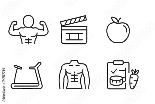 Fitness line icon set for gym and workout. Vector collection of healthy lifestyle symbols like nutrition, diet, muscle, supplements, cardio bike, dumbbell and online training.