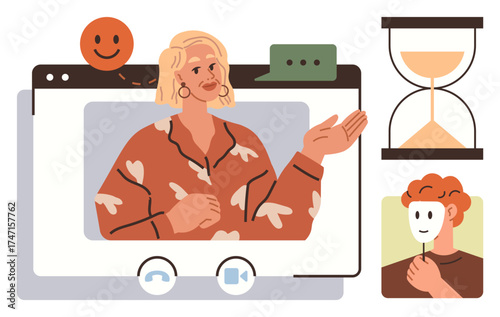Person speaking in virtual meeting, happy face, speech bubble, hourglass symbol, another person holding mask. Ideal for communication, identity, honesty, time emotions self-expression online