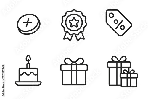 Gift and reward line icon set. Vector collection of bonus, prize, award medal, birthday cake, discount tag, and loyalty program symbols for web and mobile apps design.