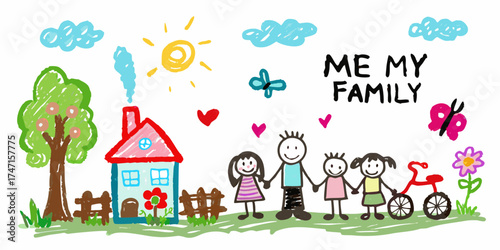 Charming childlike drawing of a happy family holding hands in front of their home under a sunny sky
