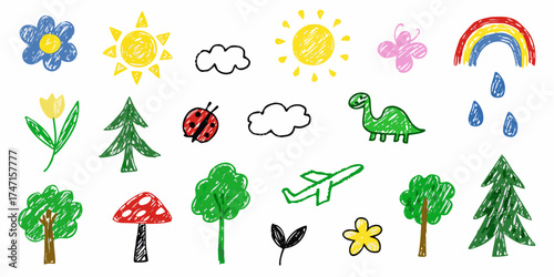 Collection of hand drawn colorful crayon style illustrations of nature elements and animals for children
