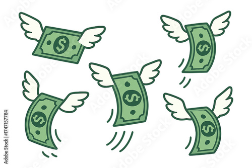 Flying money vector set. Flat cartoon dollar bills with wings illustration. Financial concept of cash loss, spending, economy, inflation, investment, or getting rich.