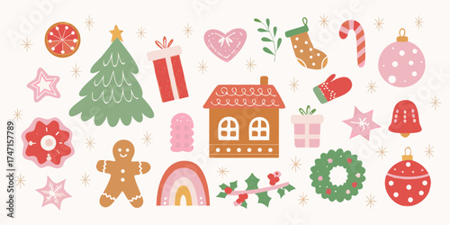 Whimsical christmas elements collection featuring gingerbread man tree gifts and ornaments