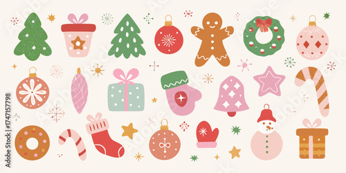 Whimsical hand drawn christmas elements with festive ornaments and gifts