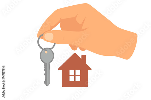 Hand holding house key with home keychain. Real estate agent concept. Buying, selling or renting property. New apartment purchase. Mortgage, investment and ownership vector.