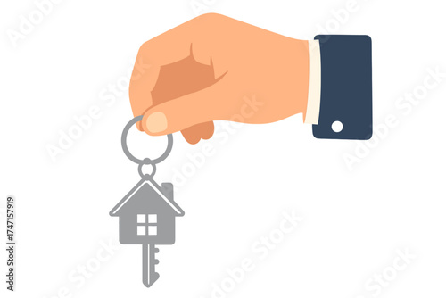 Real estate concept. Hand of an agent or new homeowner holding a house key. Symbol of buying, selling, or renting a home or apartment. Property ownership, mortgage deal vector.