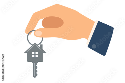 Hand holding house key. Real estate agent giving key. New home, property buying, selling, and leasing concept. Mortgage, investment, and ownership. Vector illustration.