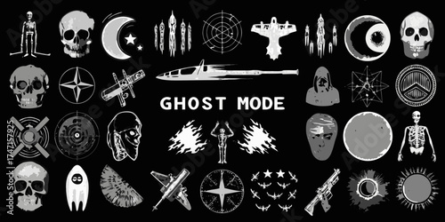 Collection of sci fi and fantasy icons and symbols including skulls spaceships and abstract designs