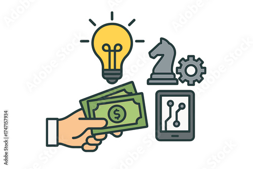 Hand holding money for investing in innovation, buying ideas, and business strategy. Concept of funding modern technology, research, startup, and intellectual property. Venture capital.