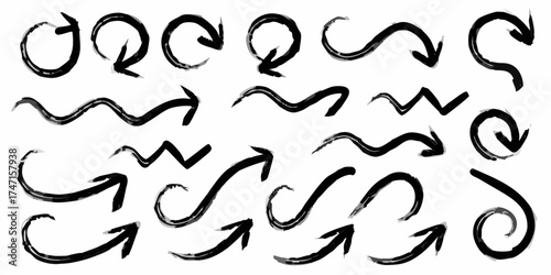 Collection of hand drawn black brush stroke arrows and directional symbols on a white background