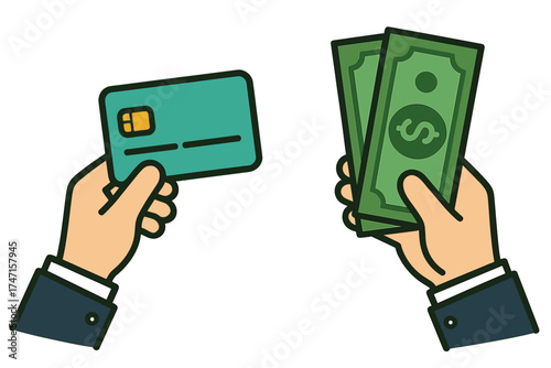 Cash vs credit card payment choice. Hand holding money and hand with bank card. Financial transaction, paying concept. Cashless or paper money. Business finance vector icon.