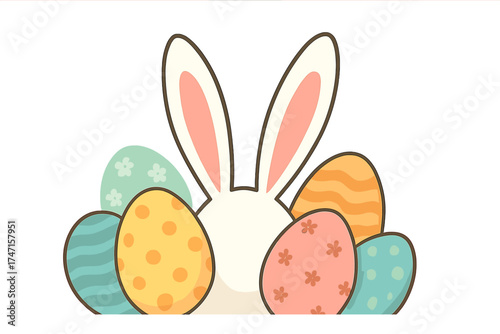 Happy Easter greeting card design. Cute cartoon bunny rabbit hiding behind colorful painted Easter eggs. Spring holiday celebration vector illustration for kids and egg hunt.
