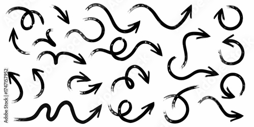 Collection of black hand drawn brush stroke arrows and pointers on a white background