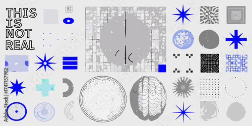 Abstract collage of geometric shapes and text this is not real in a retro futuristic style