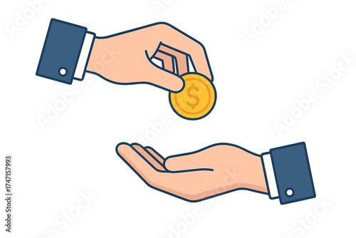 Hand giving gold dollar coin to another. Payment, investment or charity and donation concept. Earning money, salary or loan. Financial help. Vector flat illustration design.