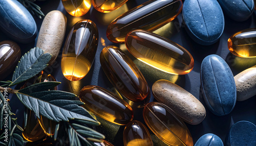 Golden Glow: Macro Close-Up of Wellness Supplements and Herbal Pills for Immunity and Health