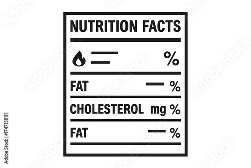 Nutrition facts label vector template. Daily value panel with calories, fat, cholesterol. Food packaging information table icon. Flat design for product package box.