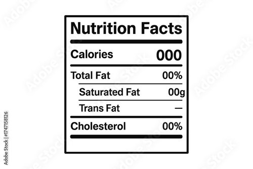 Nutrition Facts label for food packaging. Daily value ingredient information with calories, cholesterol, fats in grams & percent. Vector template for a healthy diet and food guide.
