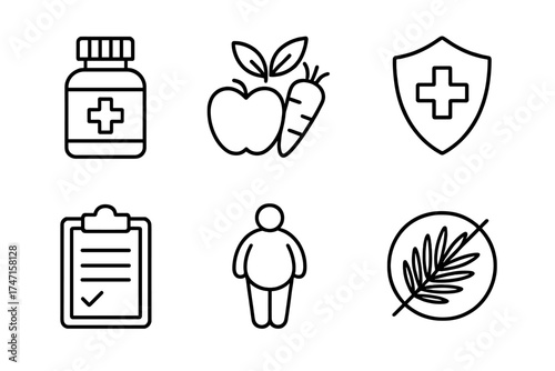 Nutrition and diet line icon set. Concepts of healthy eating, weight loss, obesity, treatment, and supplements. Vector icons for health, palm oil free, and wellness.